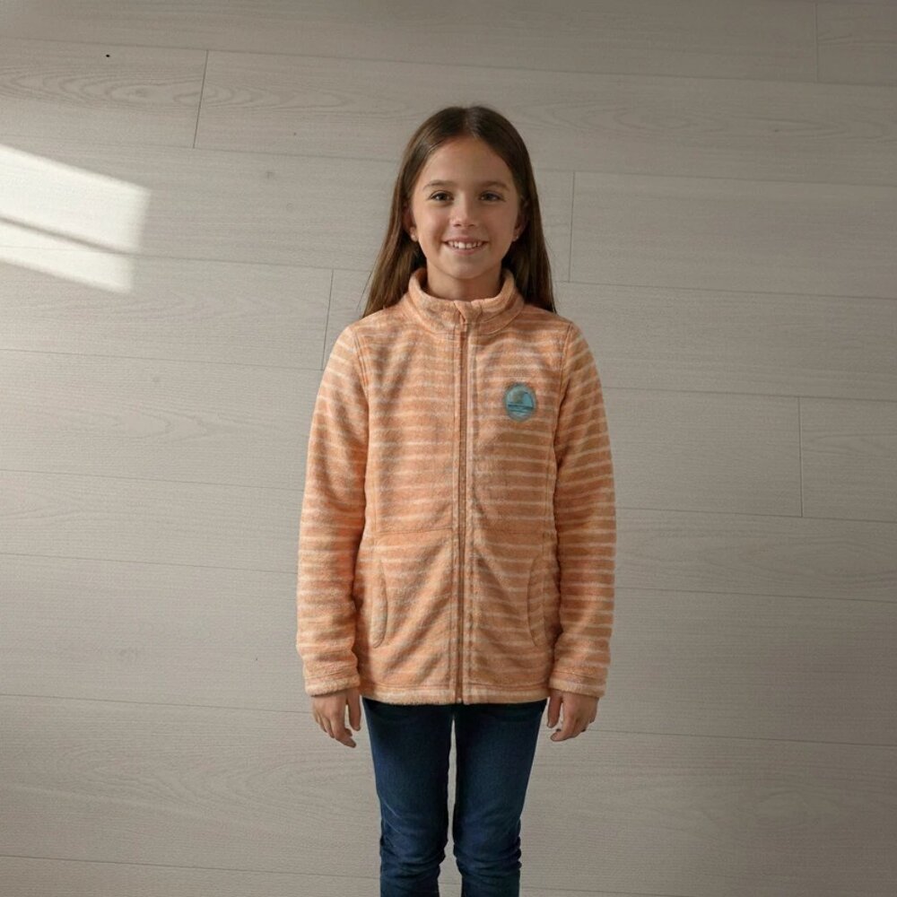 ❤️Roxy Girls Full Zip Fleece Jacket Size 12 L Orange Striped Fuzzy Hiking Surf❤️